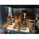 Cage containing barley twist and other candlesticks, carved African mask and general terrine