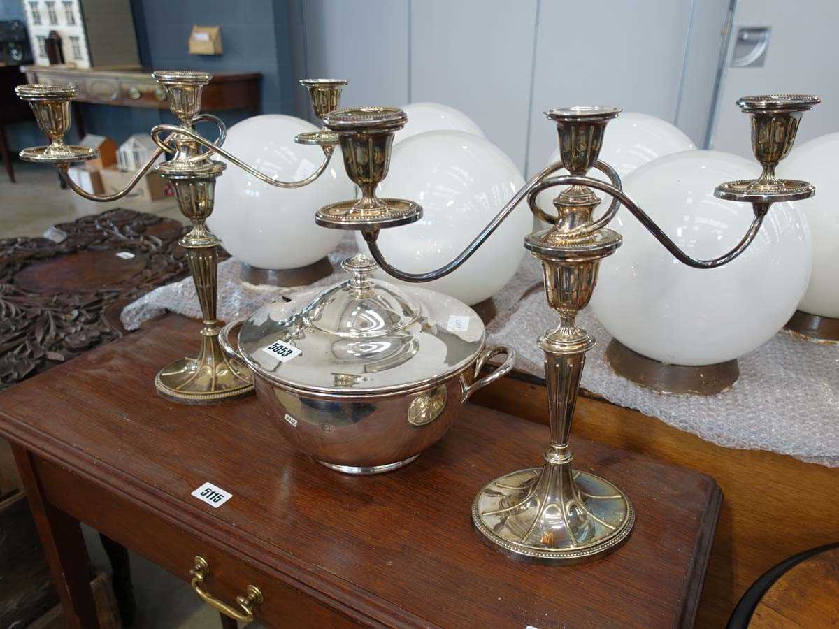 Pair of silver plated candlesticks and vegetable terrine