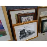 Framed set of train cigarette cards together with 3 train pictures