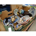 Box containing ornamental bird figures, clorsonne blue and white crockery and china