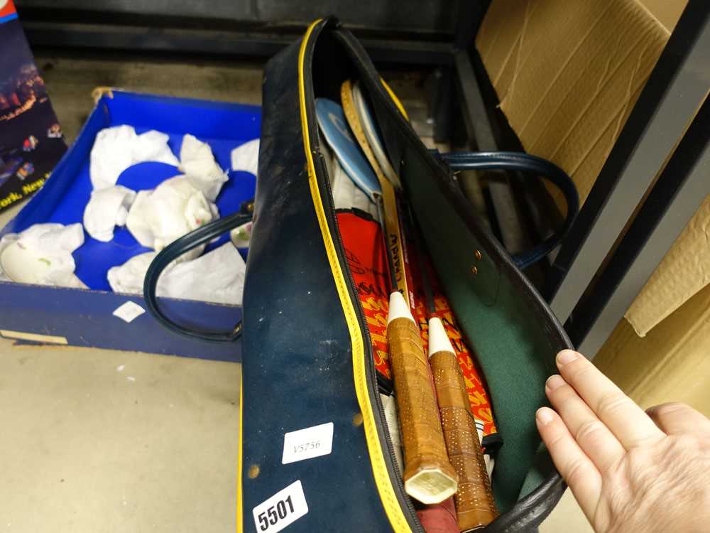 Bag containing badminton rackets plus floral patterned crockery and 3D boxed puzzle as found