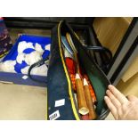Bag containing badminton rackets plus floral patterned crockery and 3D boxed puzzle as found