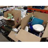 4 boxes containing Johnson brothers and other crockery, coloured glass, coffee mugs and plant