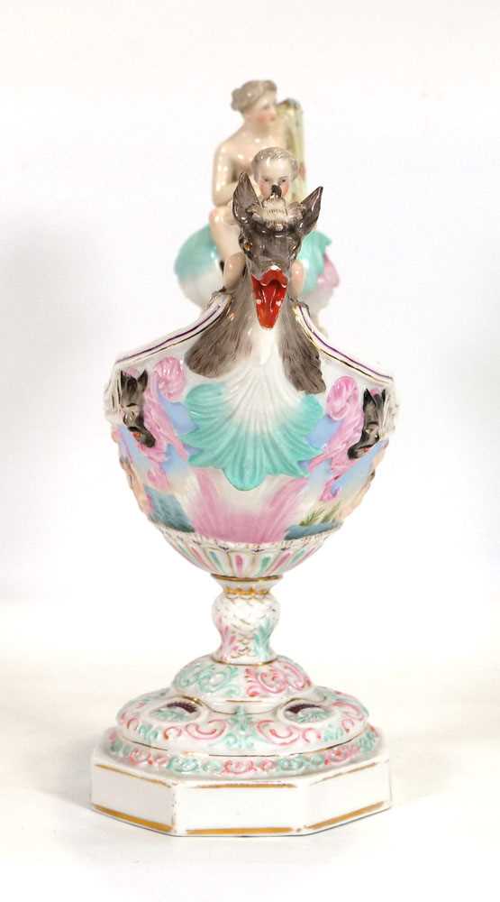 A Meissen style figural table centre of urn shaped form decorated with figures riding a serpent, - Image 3 of 8