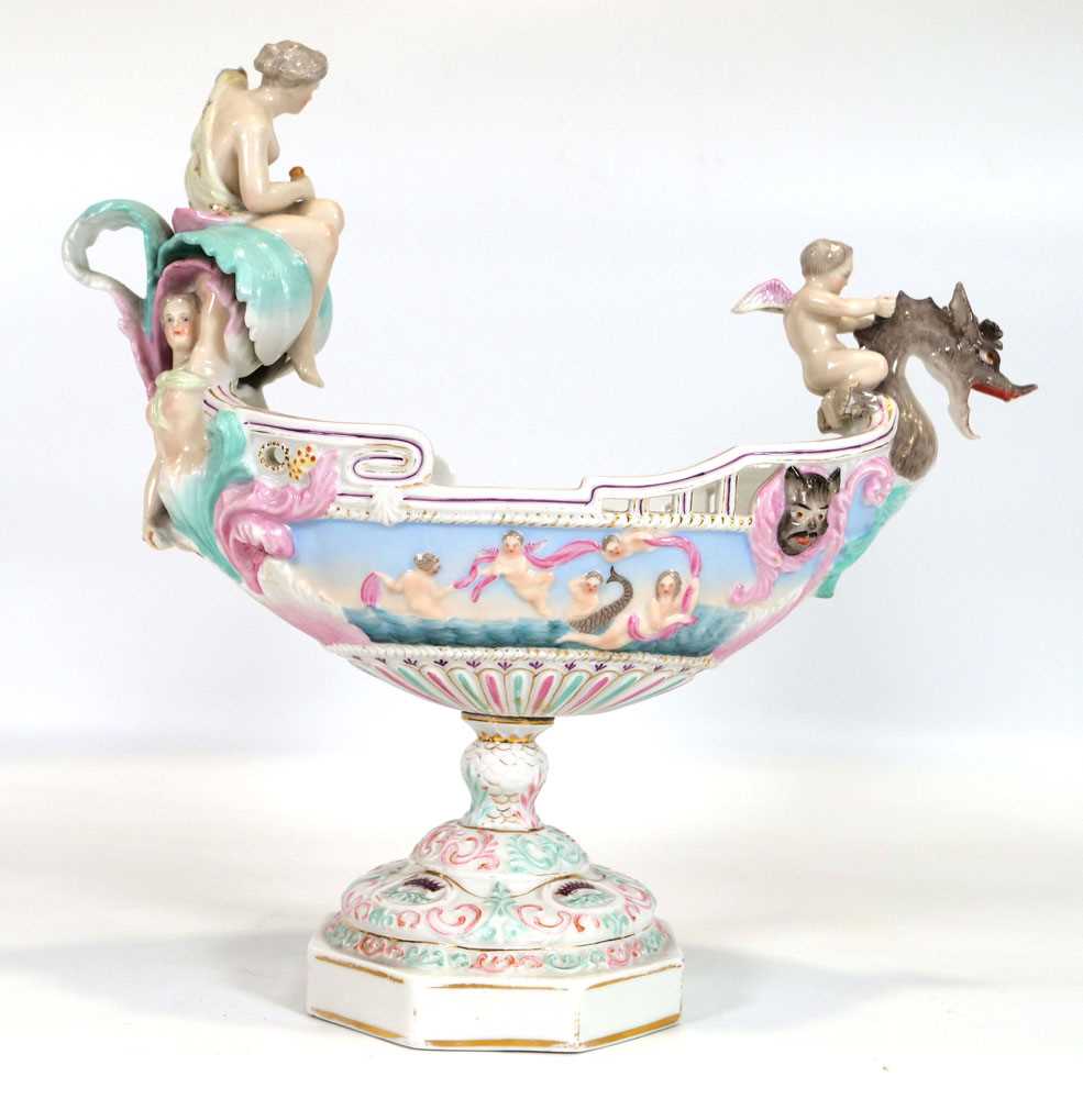 A Meissen style figural table centre of urn shaped form decorated with figures riding a serpent, - Image 4 of 8