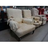 Pair of Victorian mahogany framed lounge chairs with cream modern upholstery