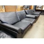 Black leather effect three seater sofa, two seater and matching armchair