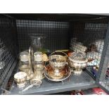 Cage containing silver plated bowls and dish plus glassware and picture frames