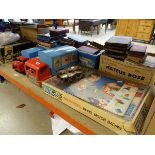 Tin plate trucks, set of roller skates and board games