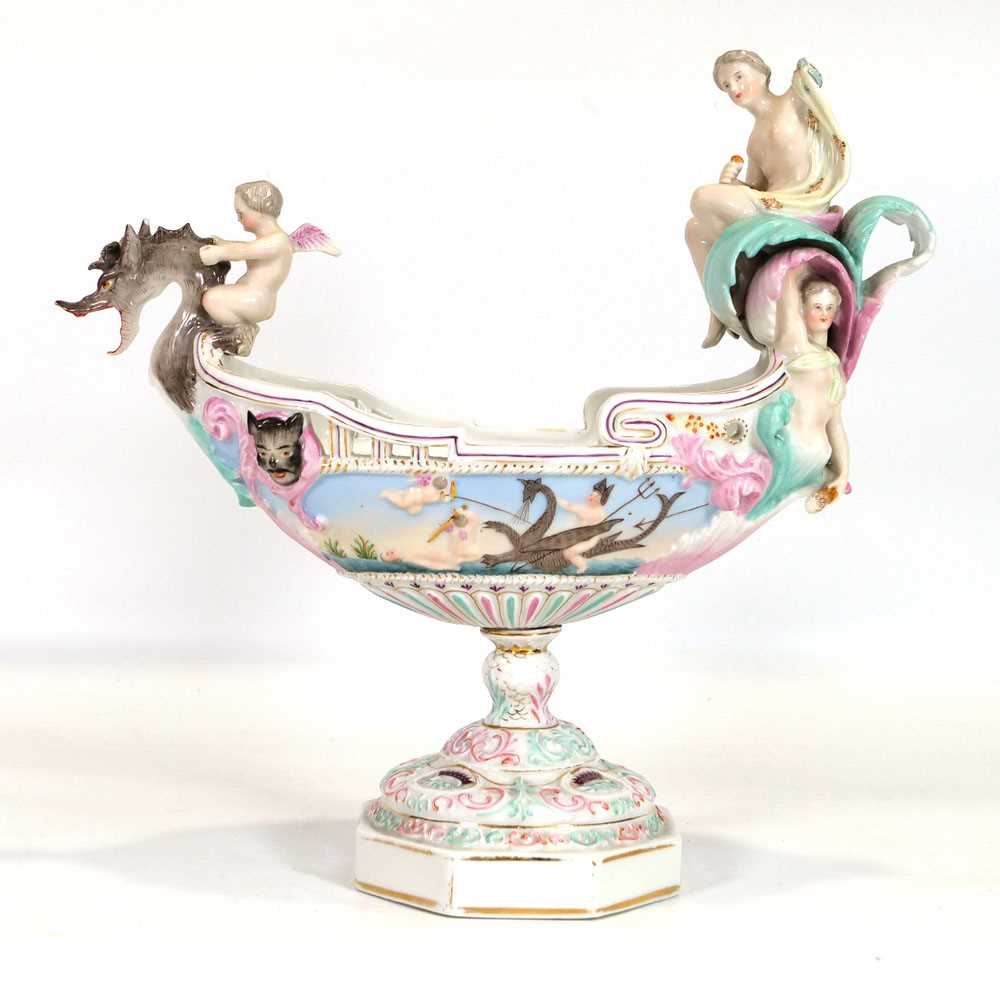 A Meissen style figural table centre of urn shaped form decorated with figures riding a serpent, - Image 2 of 8