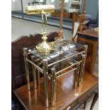Brass finished bankers lamp plus nest of 3 glazed tables