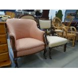 2 Edwardian parlour chairs together with a bamboo chair
