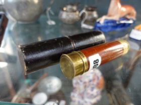 A late 19th/early 20th century mahogany and brass three-drawer telescope with the leather case