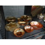Cage containing carnival glass bowls