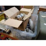 2 boxes containing silver plated tankard glassware and quantity of blue and white and other