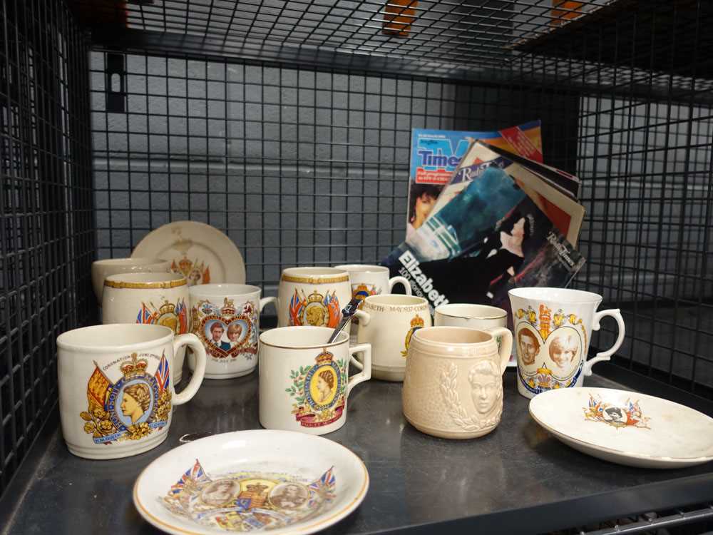 Cage containing Radio Times ephemera plus commemorative mugs