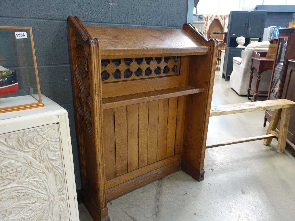 A pair of Victorian oak pew-fronts or lecterns, each with panelled fronts and decorated with Tudor - Image 2 of 5