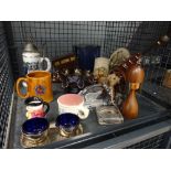 Cage containing ornamental canon, miniature toby jug, pressed glass bowl, beer stein and ale mugs