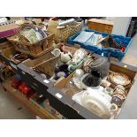 4 boxes containing wicker work, Edwardian and later crockery, glassware, teapots and jugs