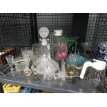 Cage containing ships decanter, sherry glasses, dishes and fruits bowls
