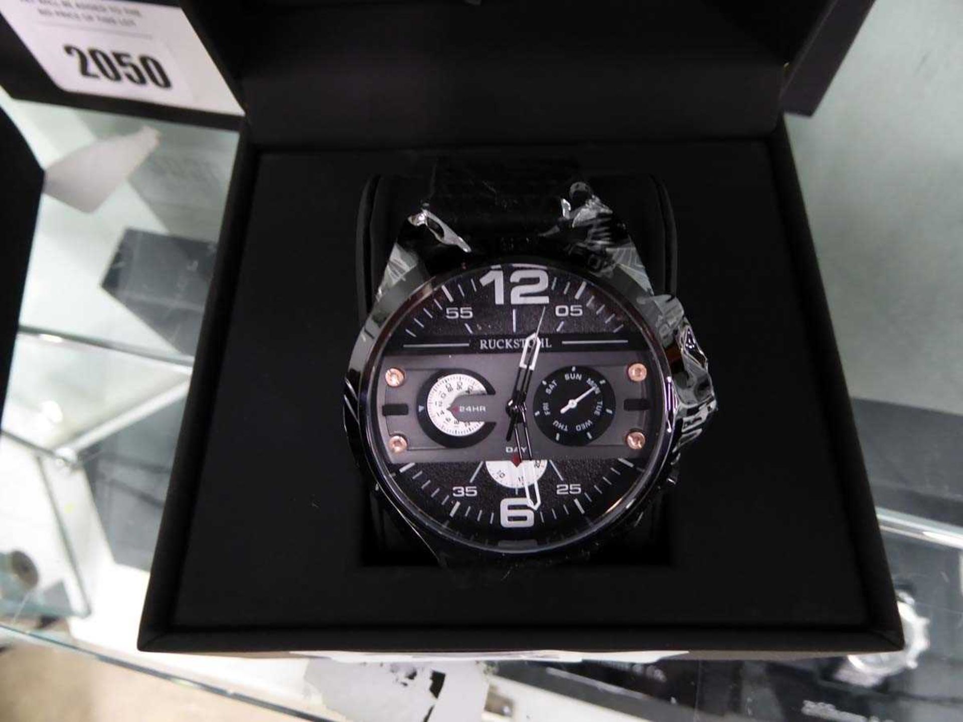 +VAT Black leather strap gents chronograph sports watch with box by Rucklsthul - Image 2 of 2