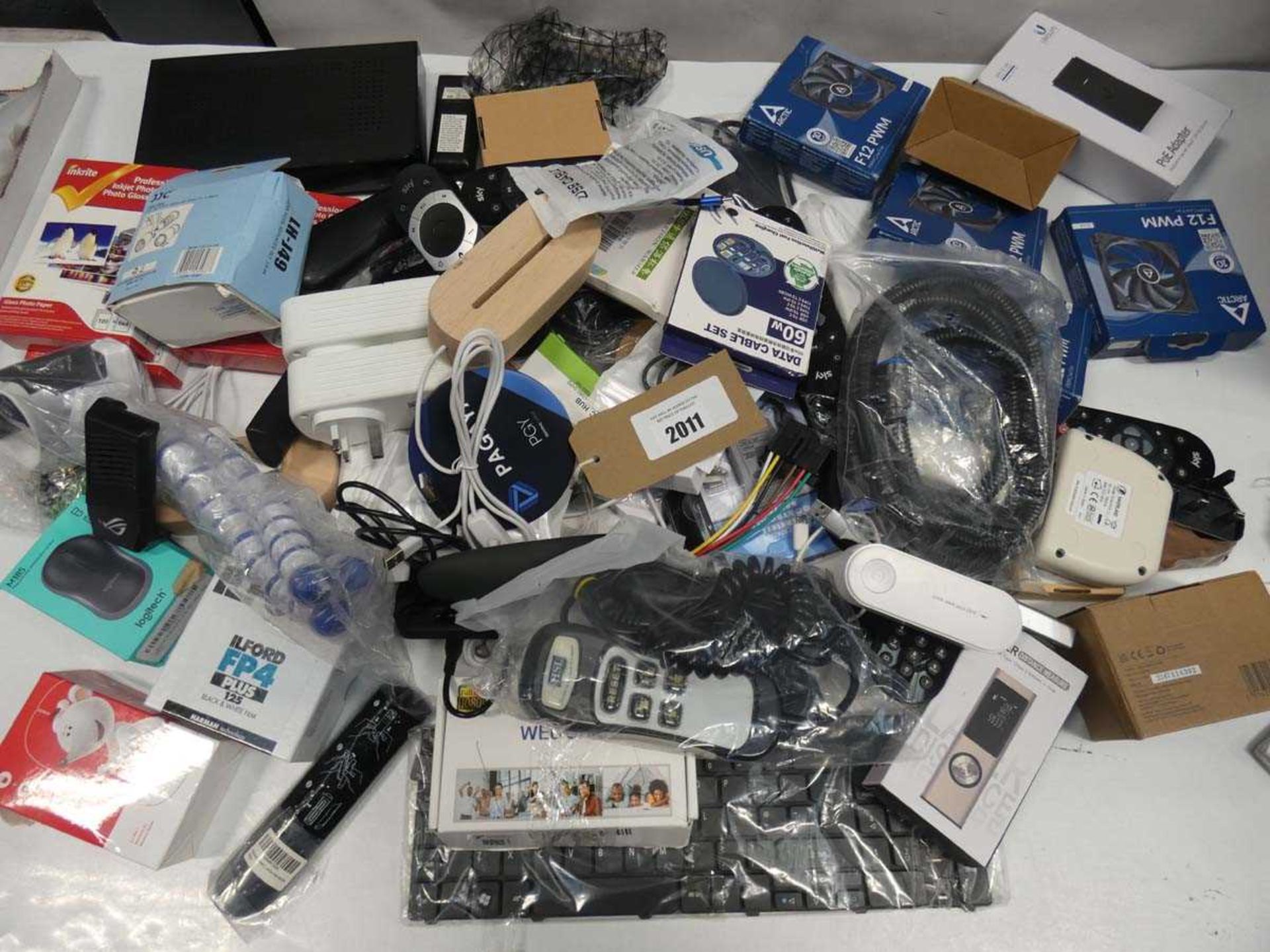 +VAT Bag containing mixed lot of electrical related devices/accessories; adapters, PC fans, PC mice,