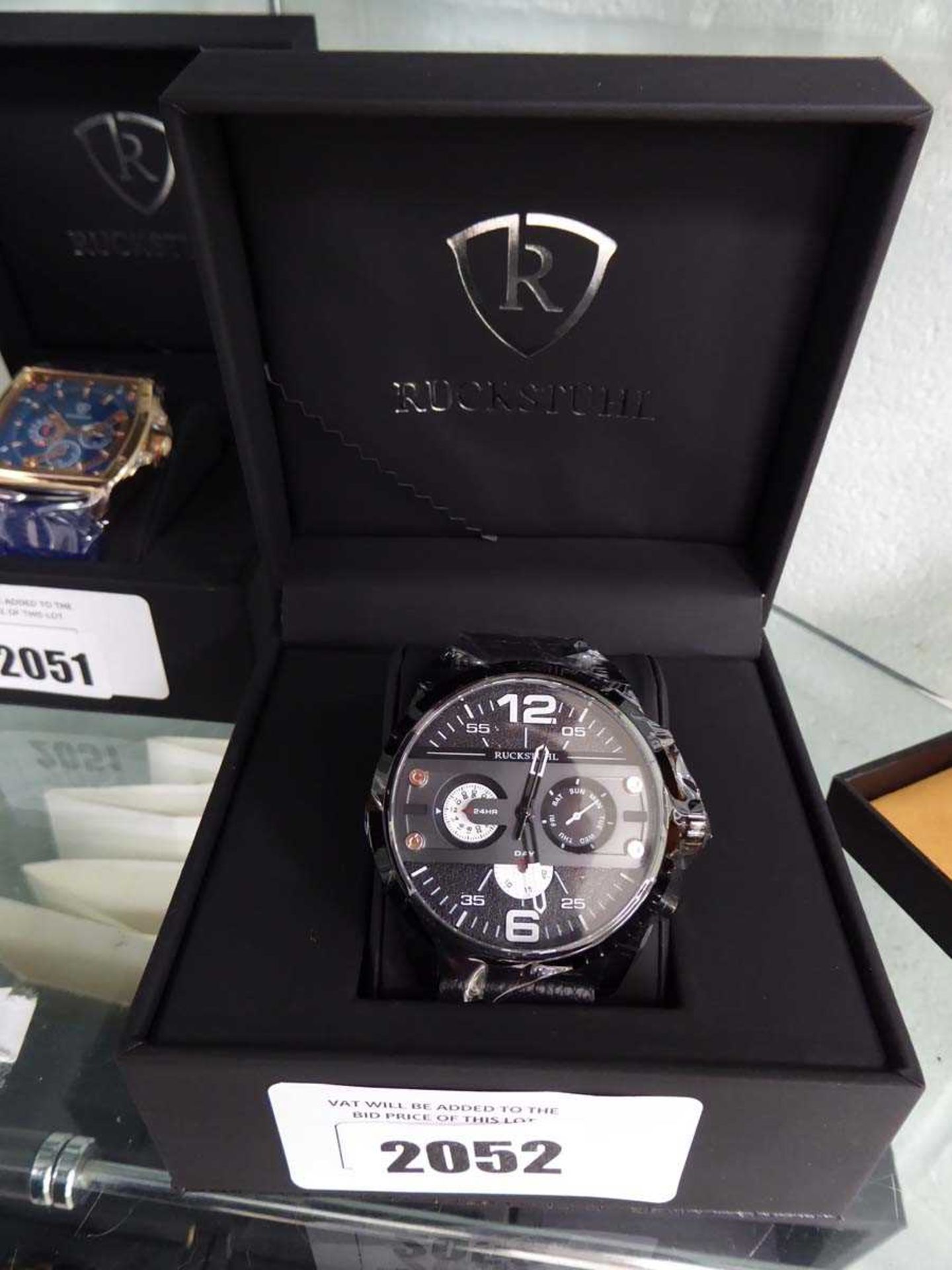 +VAT Black leather strap gents chronograph sports watch with box by Rucklsthul