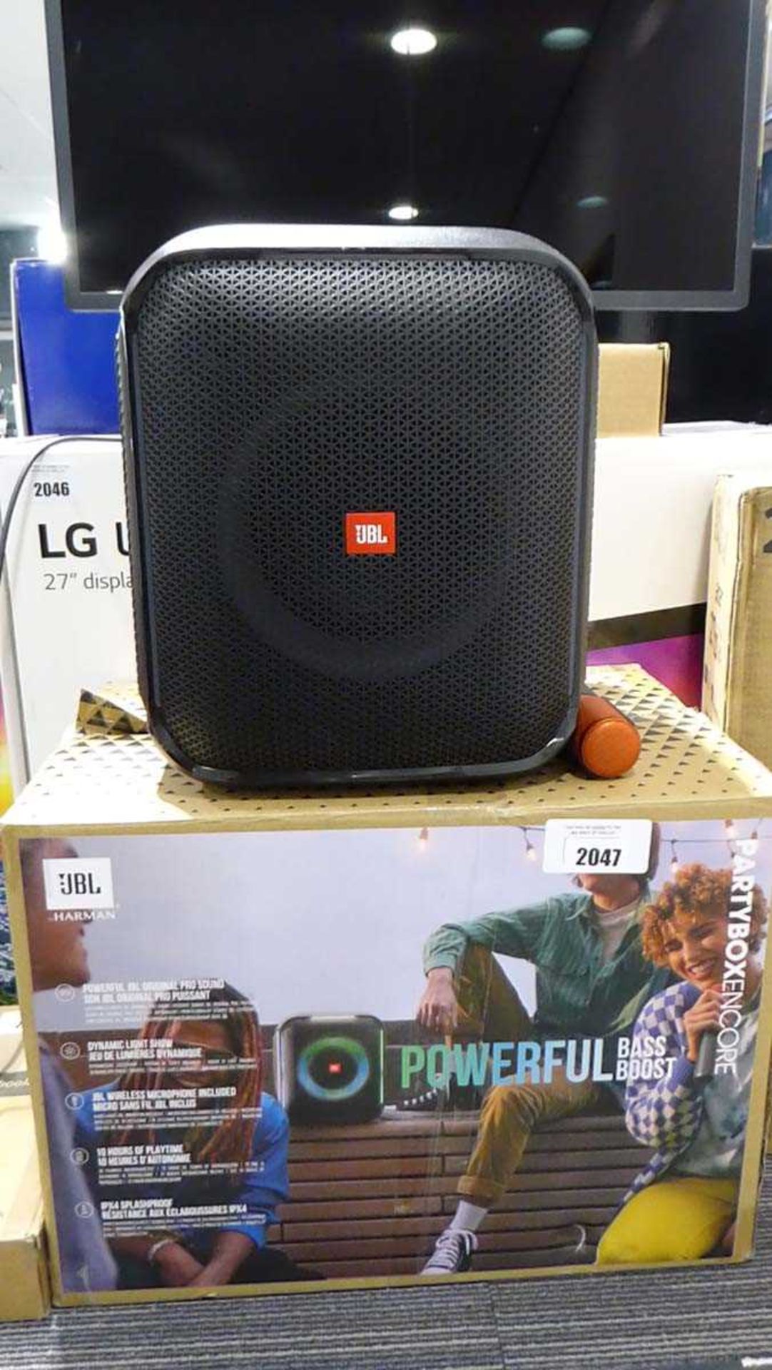 +VAT JBL party box encore portable bluetooth karaoke speaker set with box and microphone