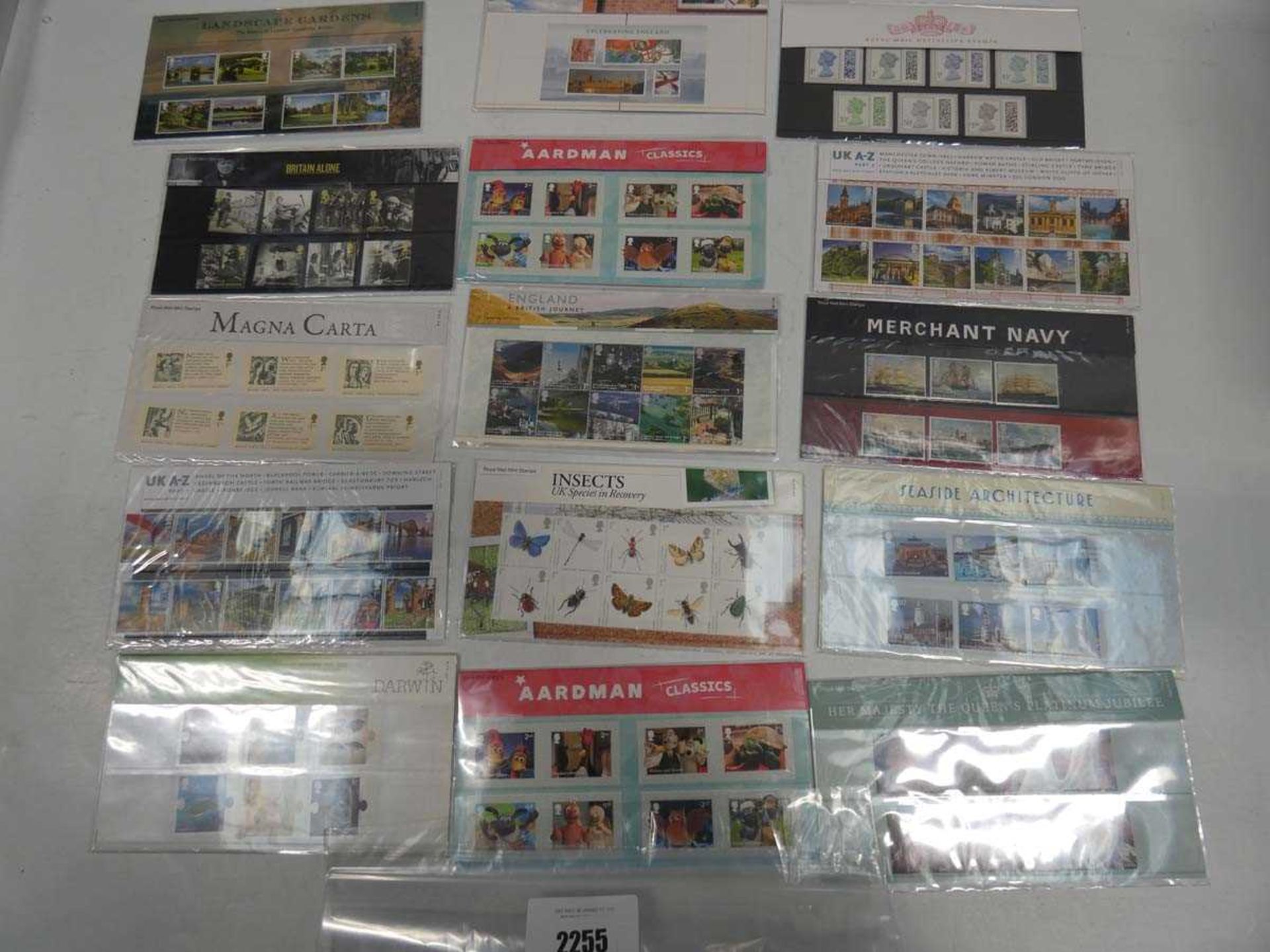 +VAT 15x Royal Mint Stamp packs, various themes; Merchant Navy, Insects, Seaside Architecture, Magna