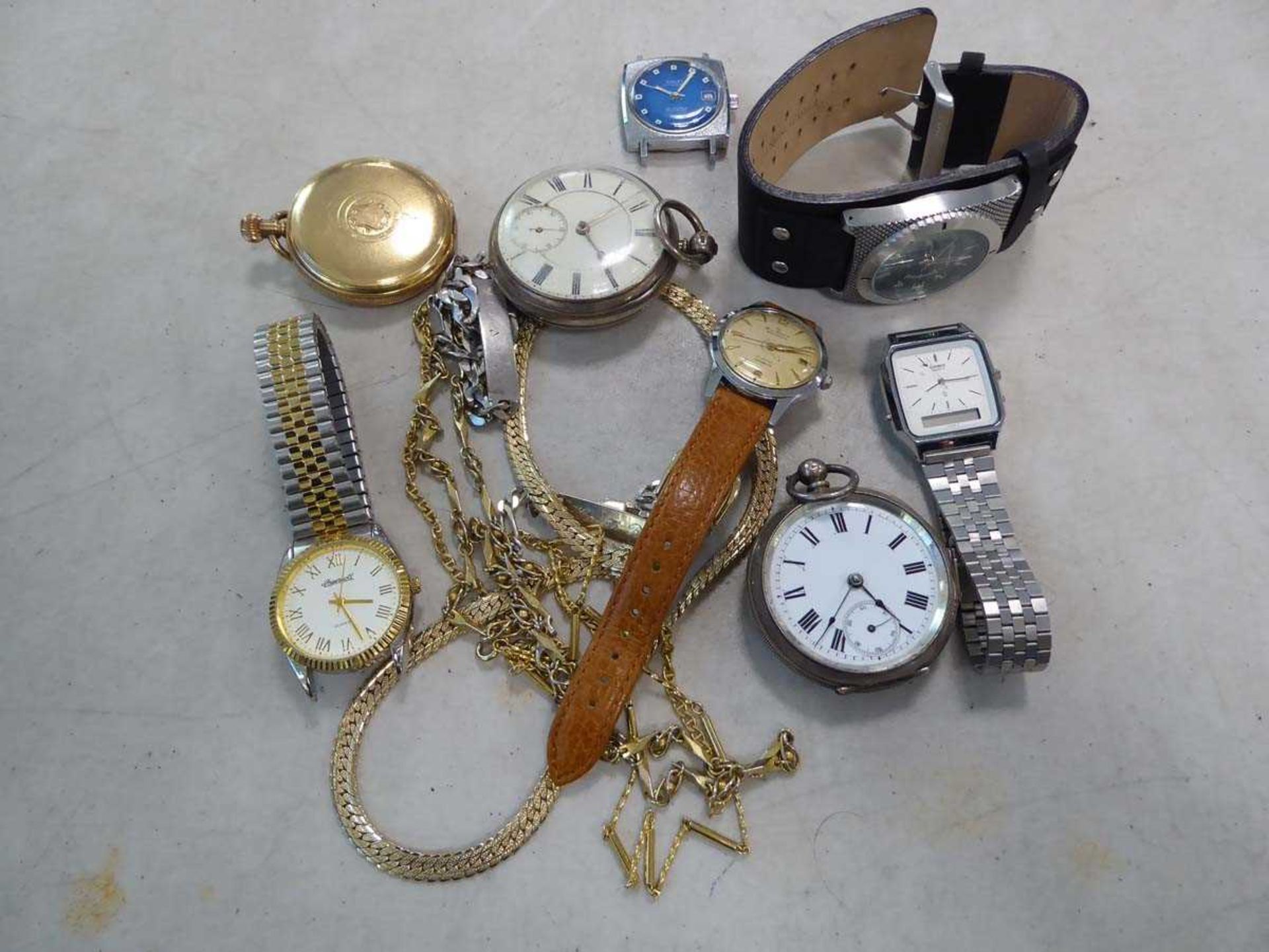 Small selection of costume jewellery items, pocket watches inc. silver cased pocket watch