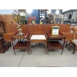 Pair of reproduction mahogany lamp tables with drawers and slide