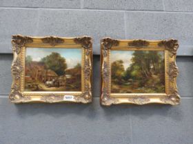 Two oils of board of farmyard, stream and woodland