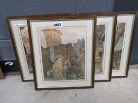 Four urban prints with figures in street