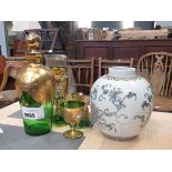 +VAT Quantity of Venetian glass to include a decanter, vases plus an Oriental ginger jar (a/f)