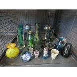 Cage containing paperweight, sauce bottle plus Whitefriars style glass vases and jugs etc.