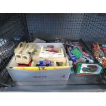 Cage containing boxed cars, toys and man in flight coins
