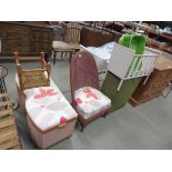 Lloyd Loom style ottoman plus a matching chair, child's crib and a doll's cot, plus laundry basket