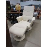 Cream leather effect Stressless style armchair with matching stool