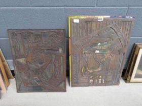 Two linocut printing panels of study with nudes and an abstract