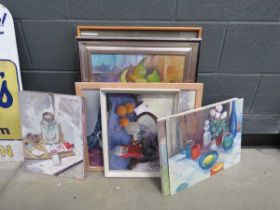 Collection of oil paintings to include still life with flowers and fruit plus a pastel of bananas,