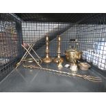 Cage containing silver plated vester plus a sovereign case, toasting fork, candlesticks and a spirit