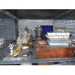Cage containing a cruet set, brass pots, teapot, cake basket, silver plated vase and cutlery sets