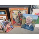 Quantity of oil paintings to include a study of a gentleman, man in harlequin dress, nude in