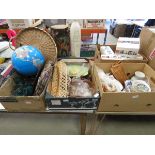 3 boxes containing matchboxes, students globe, sherry glasses plus general crockery and china
