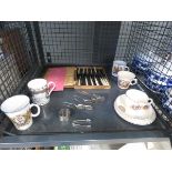 Cage containing a silver napkin ring, sugar nips plus various teaspoons, boxed fish knife and fork