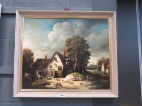 Oil on canvas of cottages, figures and poultry in foreground