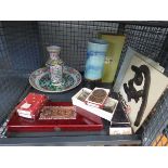 Cage containing oriental ceramics, studio pottery vase, ikebana flower stands plus calligraphy