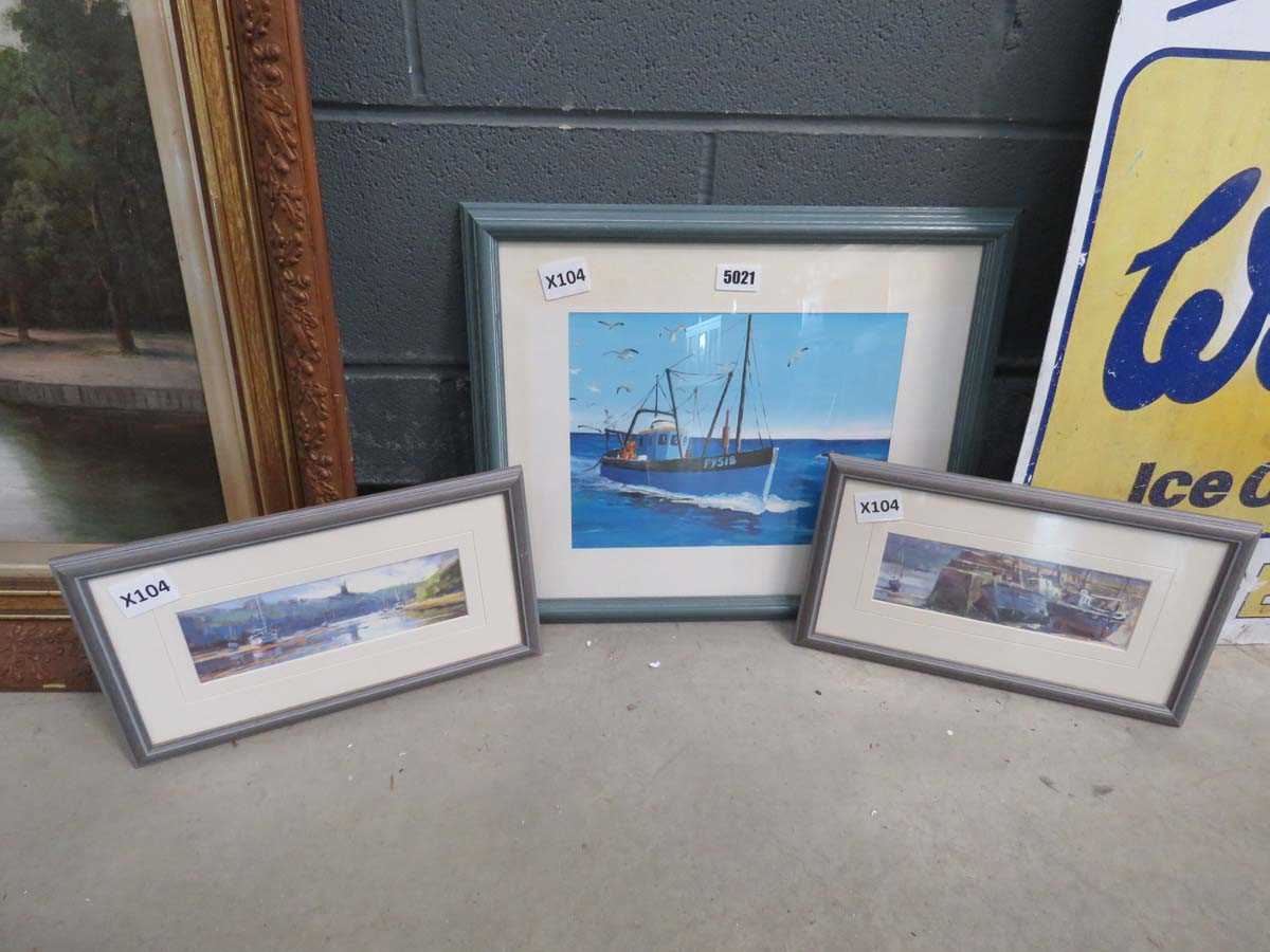 Three coastal prints of harbour and fishing boats