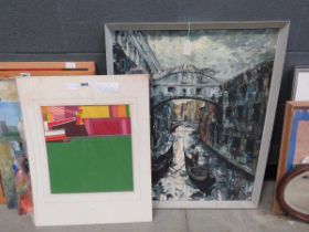 Oil on board of The bridge of signs by Lloyd Thomas and a limited edition print of canal boats by