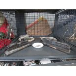 Cage containing 2 carved coal trains plus 3 collectors plates